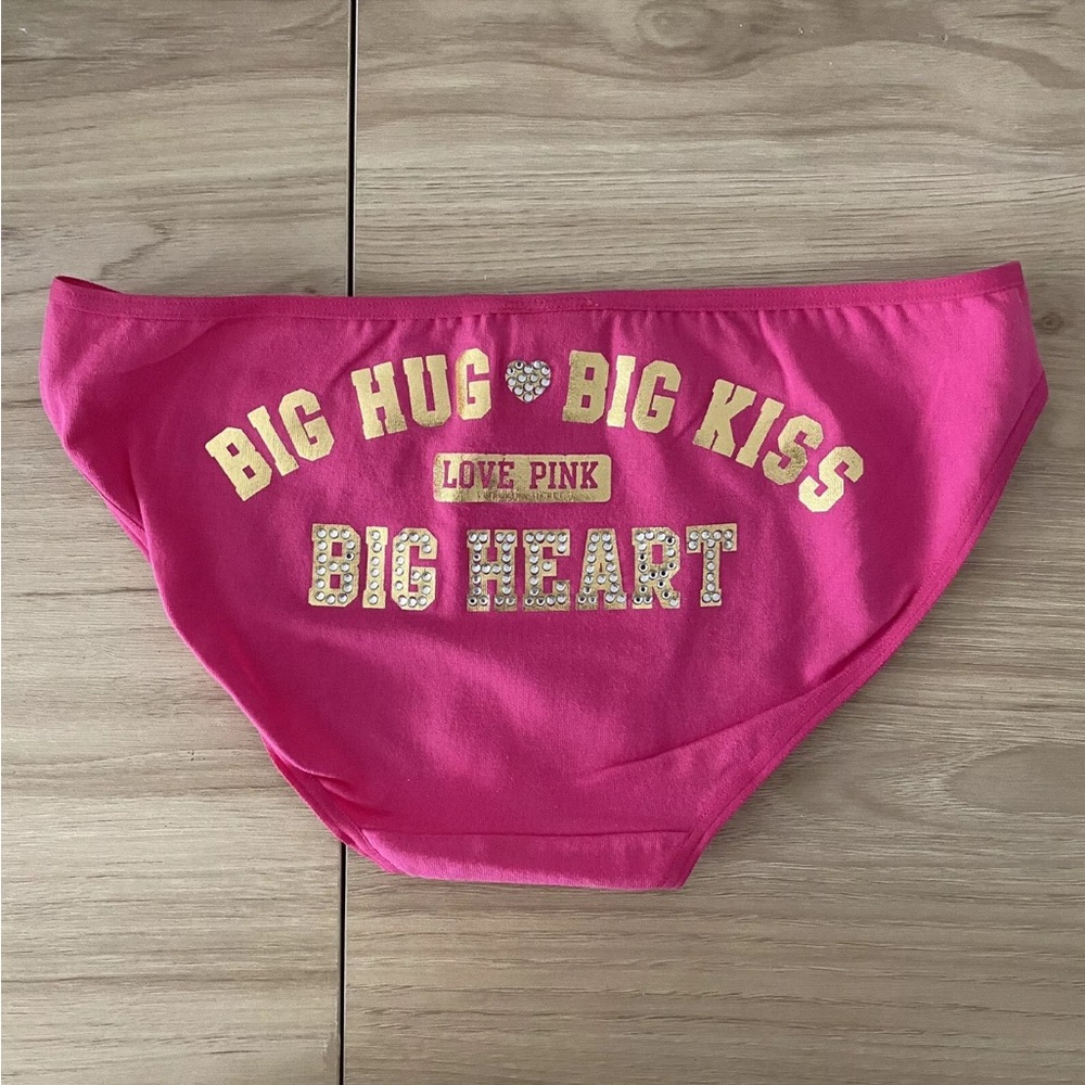 NWT Victoria Secret PINK - Pink Hug Kiss Heart Gold Rhinestone Bikini - XS